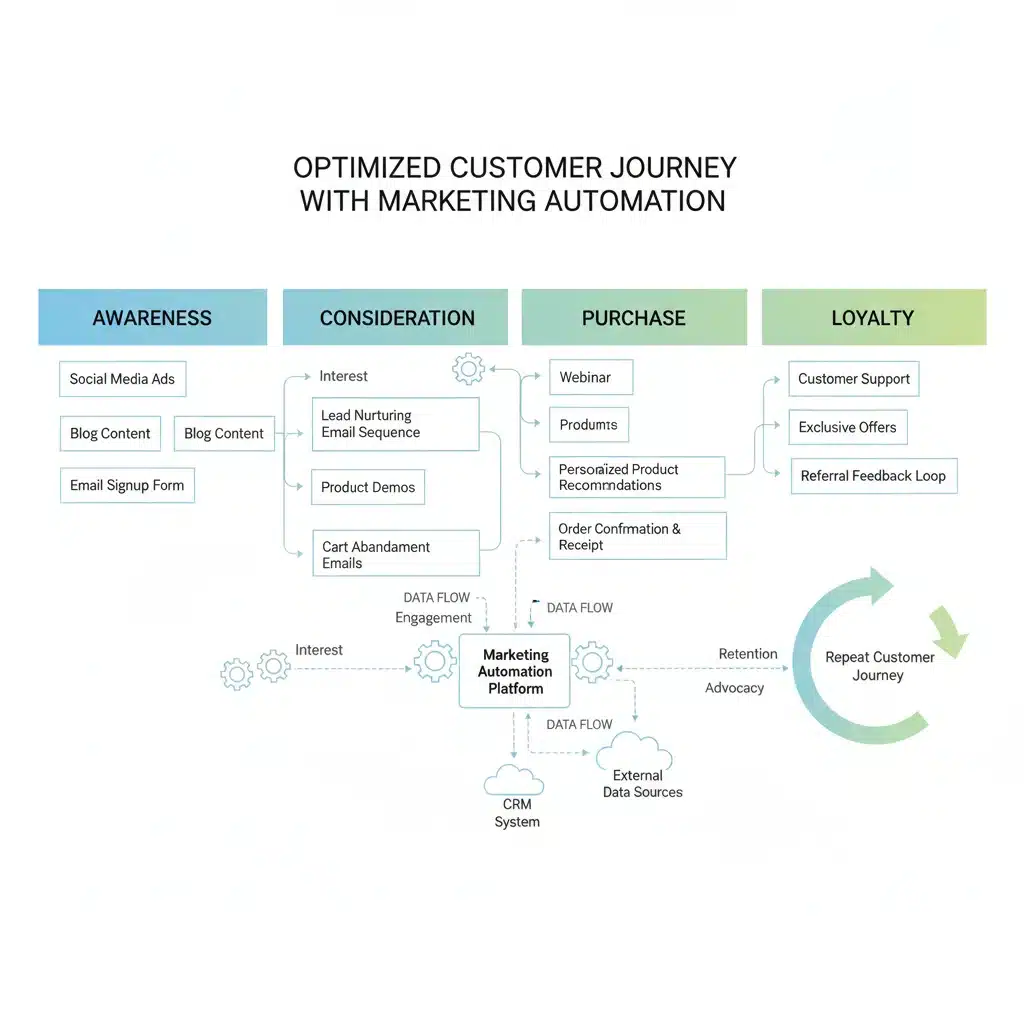 Schéma du parcours client optimisé par l'automatisation marketing, avec les étapes de sensibilisation, considération et achat.