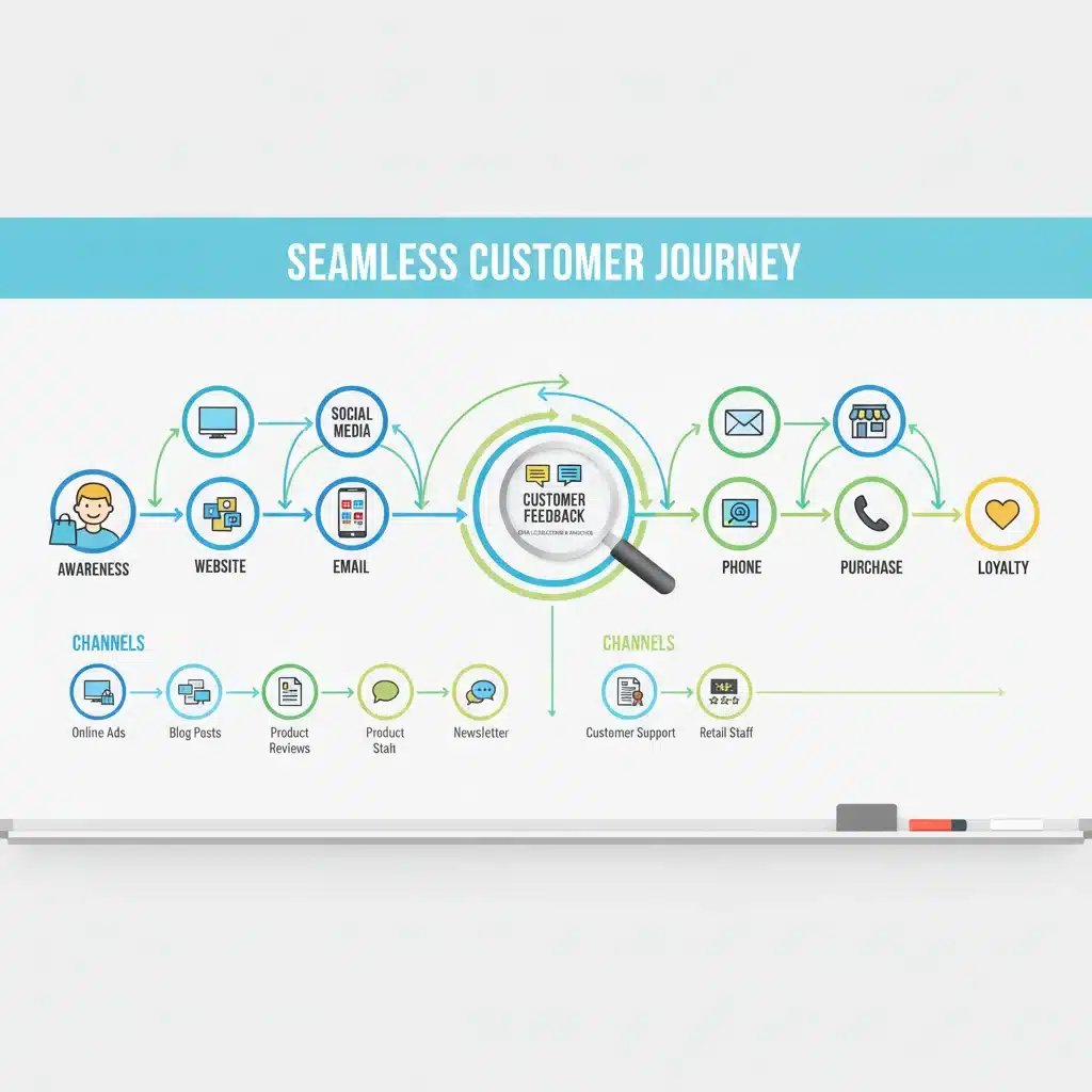 Schéma d'un parcours client omnicanal avec différents points de contact