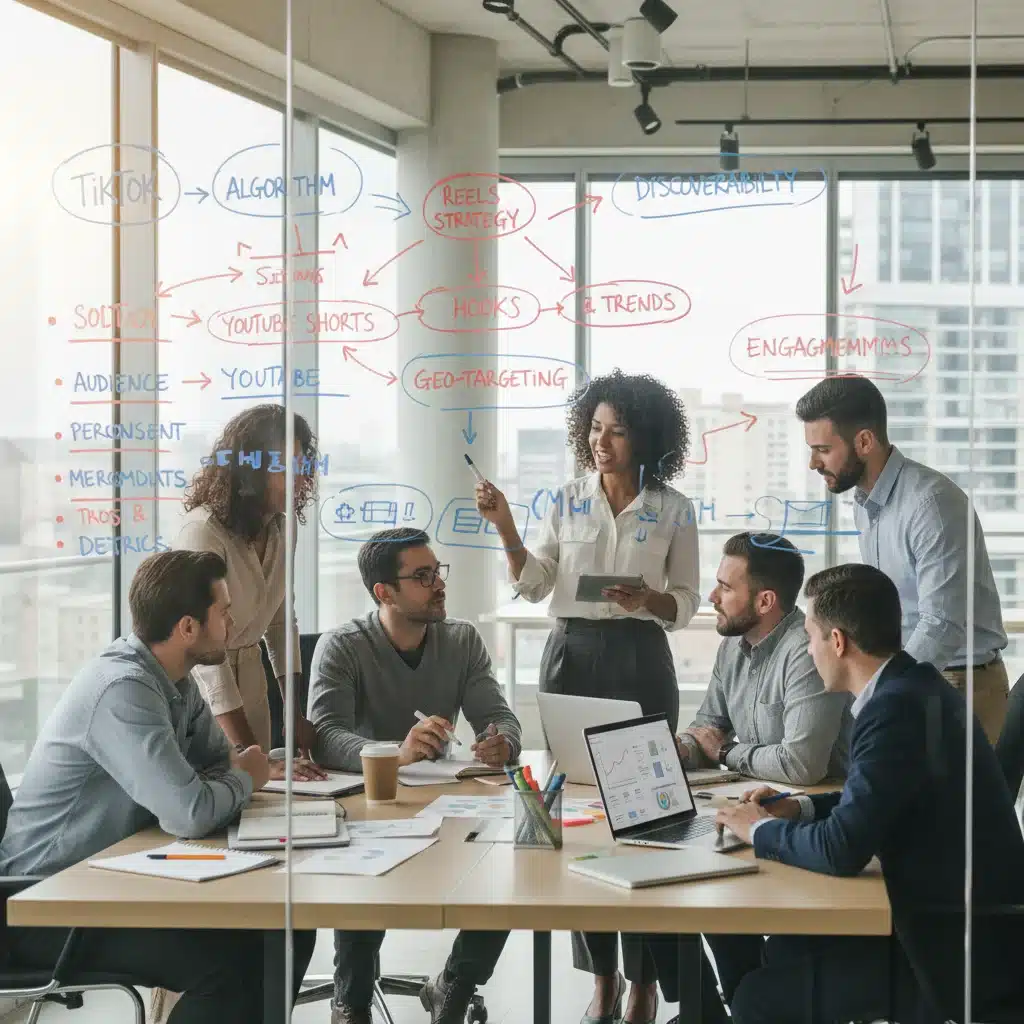 Équipe marketing collaborant autour d'un tableau blanc, planifiant des stratégies de contenu vidéo courtes innovantes.