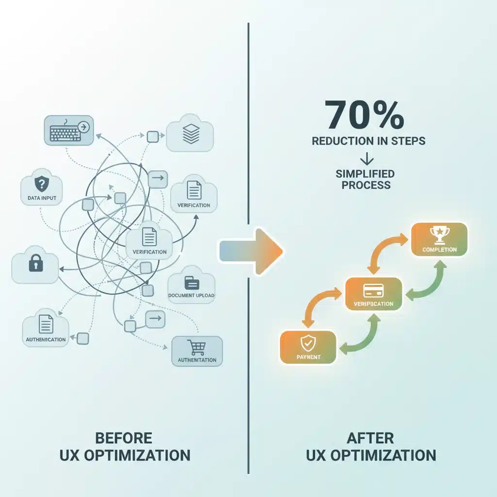 Infographie illustrant la simplification des parcours utilisateurs grâce aux optimisations UX.