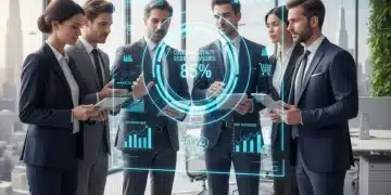 Professionnels analysant des données de fidélisation client sur une interface numérique futuriste