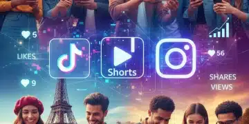 Jeune femme souriante regardant une vidéo courte sur son smartphone, avec le drapeau français en arrière-plan symbolisant le marché cible.