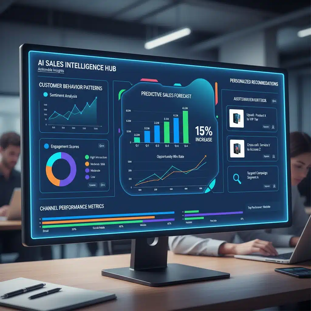 Tableau de bord d'analyse de données clients généré par l'IA, montrant des insights comportementaux et des recommandations personnalisées.