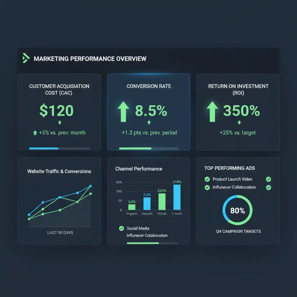 Tableau de bord d'analyse marketing avec des indicateurs de performance clés (CAC, conversion, ROI) en hausse.