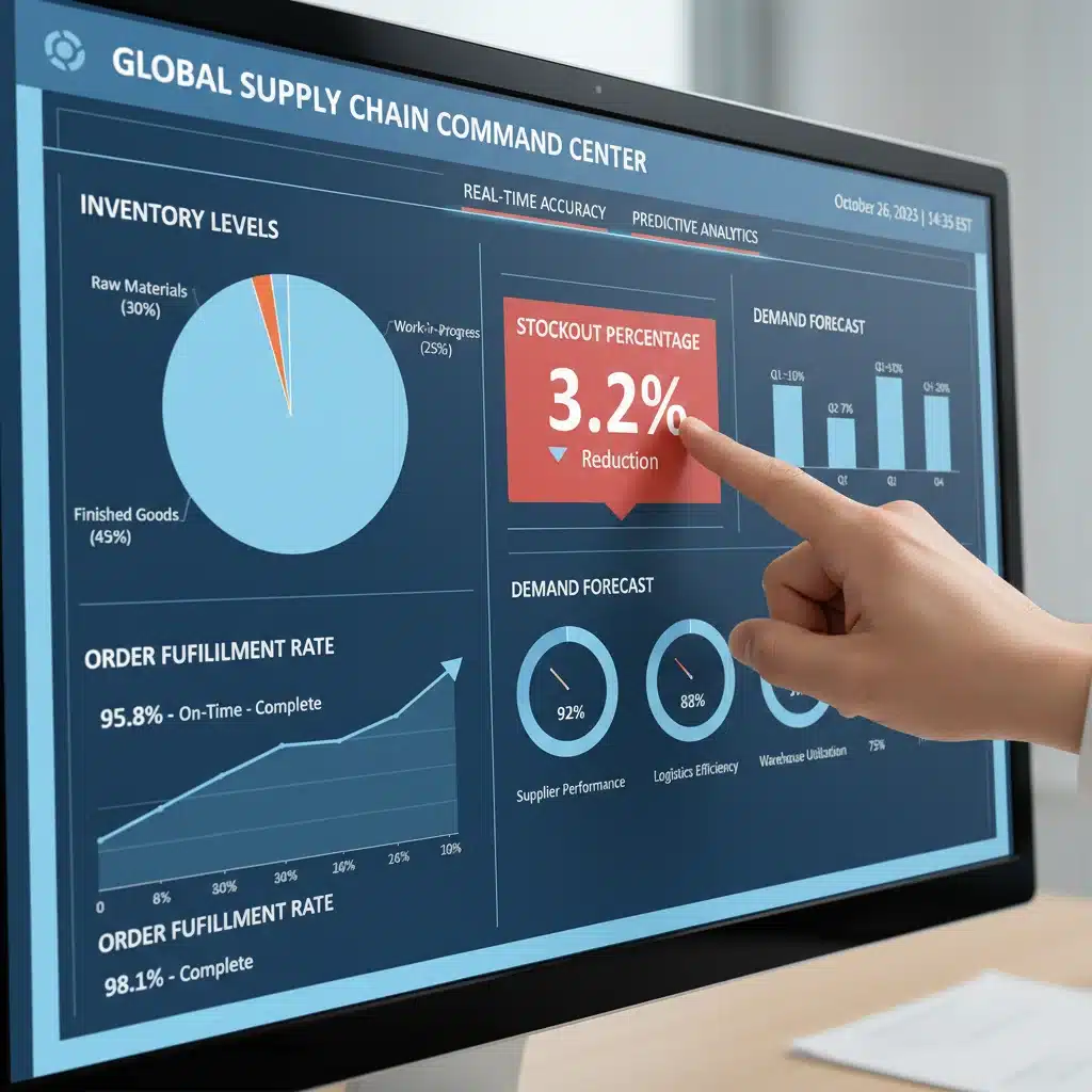 Tableau de bord de gestion des stocks omnicanaux affichant des données en temps réel et des prévisions