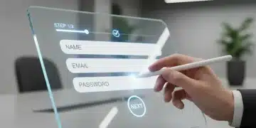 Main d'utilisateur interagissant avec un formulaire d'inscription futuriste sur tablette, symbolisant une friction utilisateur réduite.