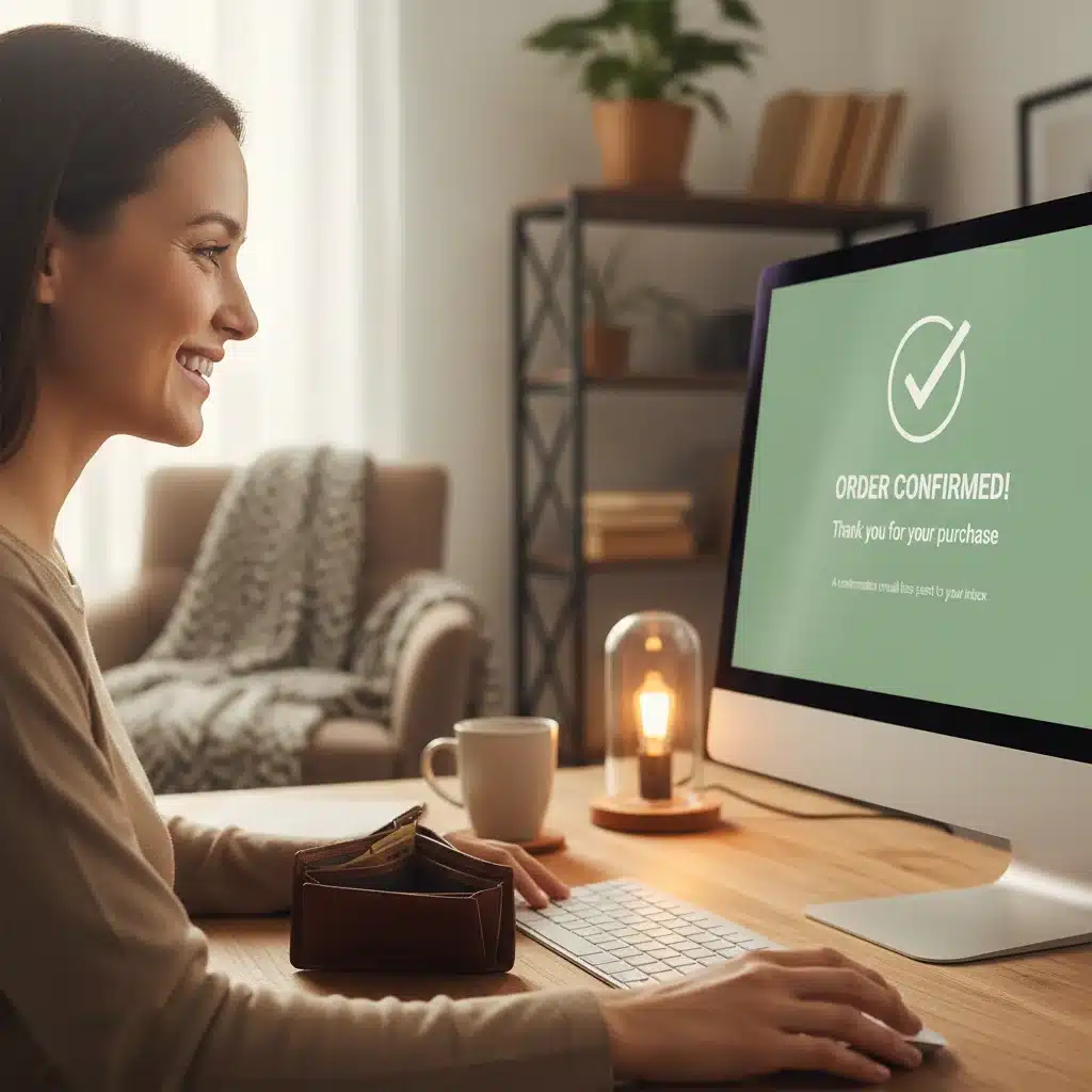 Visage d'utilisateur satisfait après une transaction en ligne réussie, illustrant l'impact positif de l'UX.